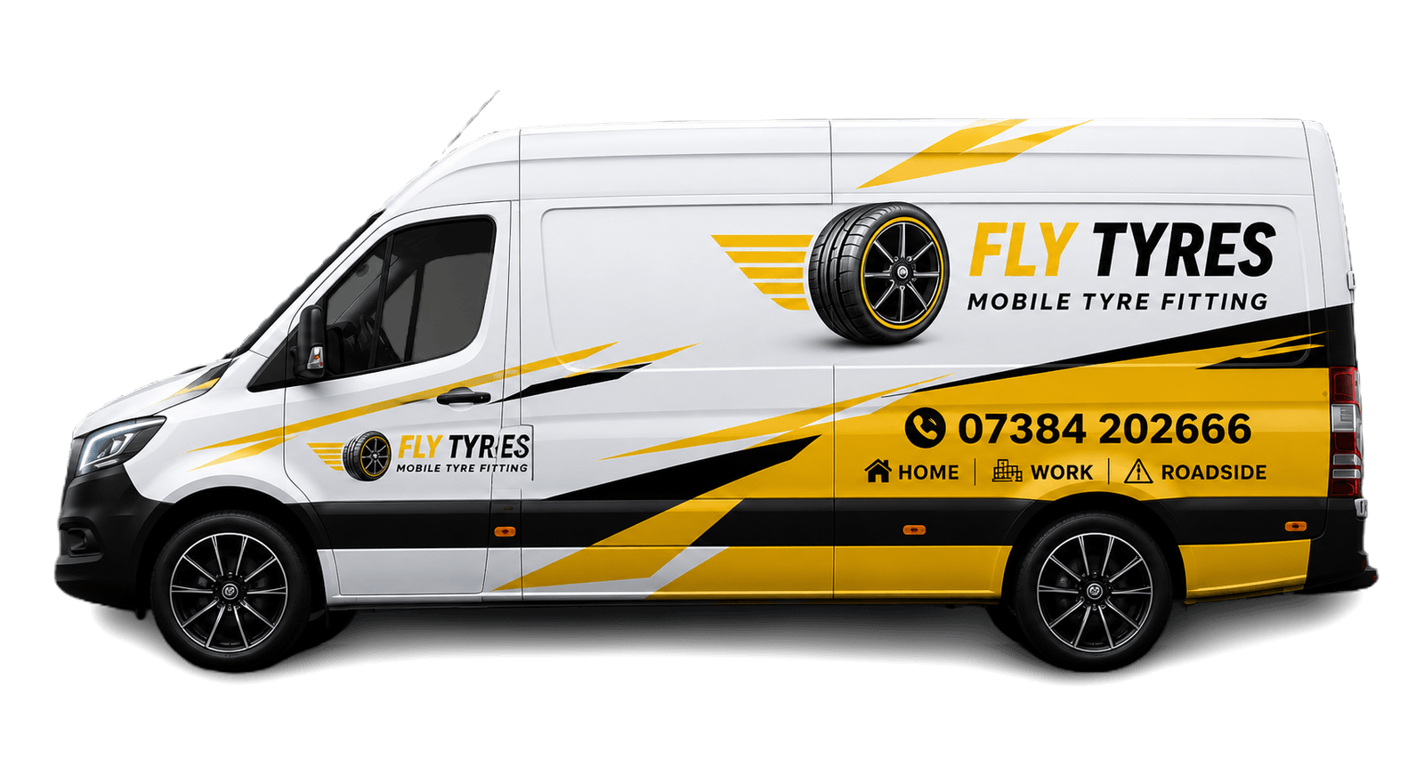 The Fly Tyres mobile tyre fitting van in its yellow and black livery